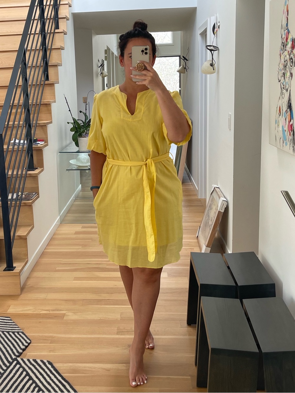 Miguelina Yellow V-Neck Niki Cotton Dress with sash Size L